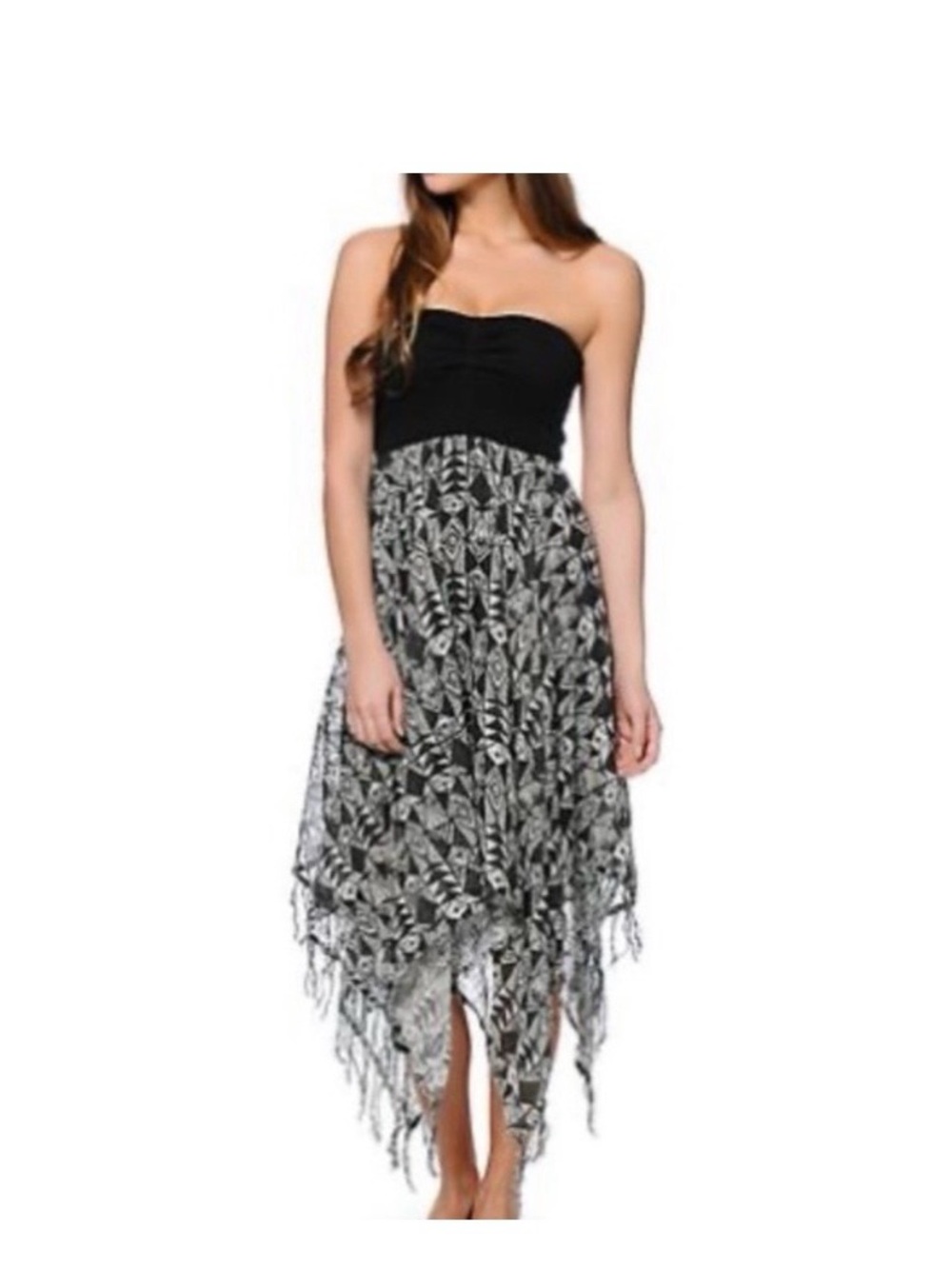 Billabong Black Strapless Handkerchief Hem Dress lined with fringe no Straps
